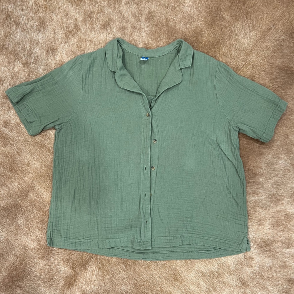 Old Navy Olive Green Crinkle Gauze Short-Sleeve